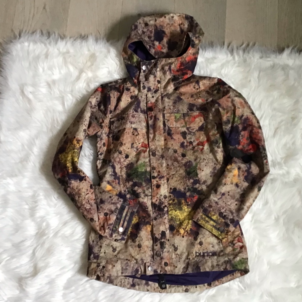 Burton Dryrite Cool Flavors Snowboard Jacket Tan with Multicolor splatter sz xs